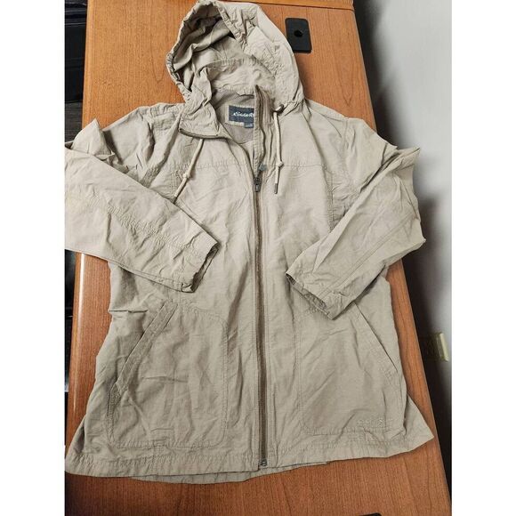 Eddie Bauer Hooded Nylon Full Zip Beige Jacket with Adjustable Waist Size XL - Picture 1 of 6